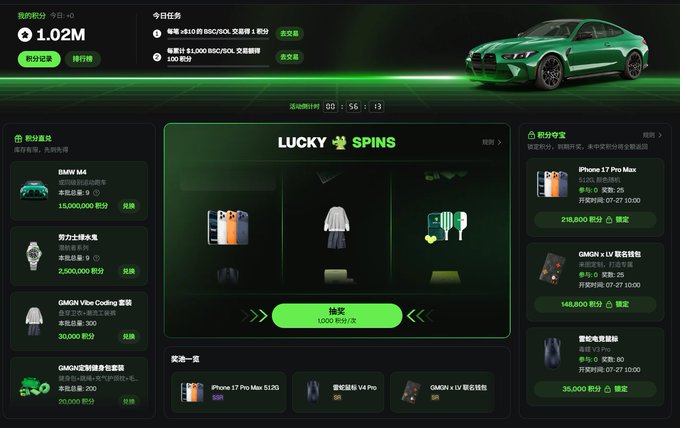 A GMGN points mall interface displays "LUCKY SPINS" center stage with a "1.02M" points balance, showing redeemable prizes including an iPhone 17 Pro Max (S32G, 248,000 points locked) and a BMW M4 (15,000,000 points locked) on the left sidebar. The layout illustrates the post's explanation of two redemption methods: direct small-point items versus locked points required for higher-value rewards like the 248,000-point iPhone or 148,500-point GMGN x LV backpack.