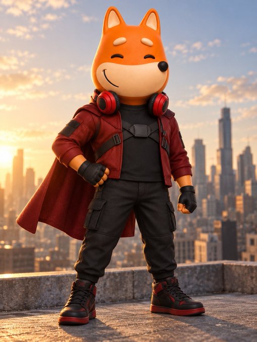 A 3D-rendered figurine of an orange Shiba Inu dog character wearing a red hooded coat, black cargo outfit, and red headphones, standing on a rooftop with a city skyline at sunset.