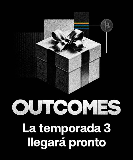 A black and white promotional graphic showing a wrapped gift box with a Bitcoin symbol, with text reading "OUTCOMES La temporada 3 llegará pronto".