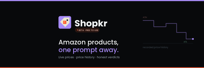 A promotional banner for 'Shopkr' (tagged BETA - FREE TO USE) advertising 'Amazon products, one prompt away' with live prices, price history, and honest verdicts, alongside a step-down line graph labeled 'recorded price history'.