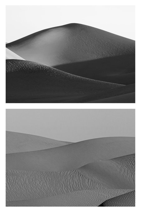 Two striking black-and-white photographs of sand dunes showcase flowing curves and textured ridges, embodying the minimalist "Monochrome Monday" aesthetic through their stark contrast and absence of color.