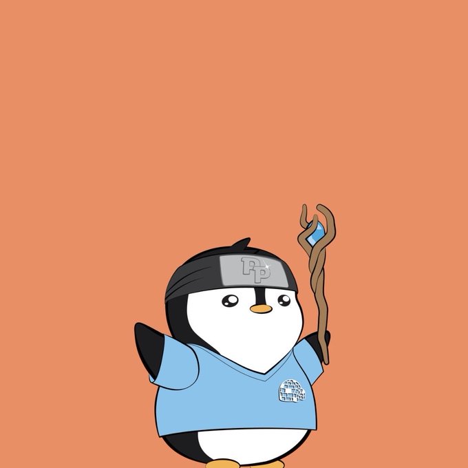 A cute cartoon penguin wearing a blue jersey and black ninja-style headband with "PP" lettering holds a wooden staff topped with a blue gem, set against an orange background—visually representing the post's message about needing more than just one Pudgy Penguin NFT.