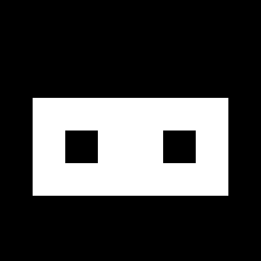 A simple white rectangle containing two black squares, resembling a minimalist face or emoticon on a black background.