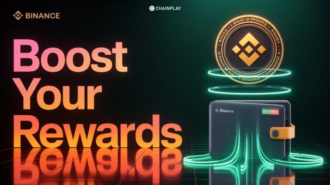 A Binance promotional graphic featuring 'Boost Your Rewards' text alongside a BNB token and a Binance card, branded with Chainplay.