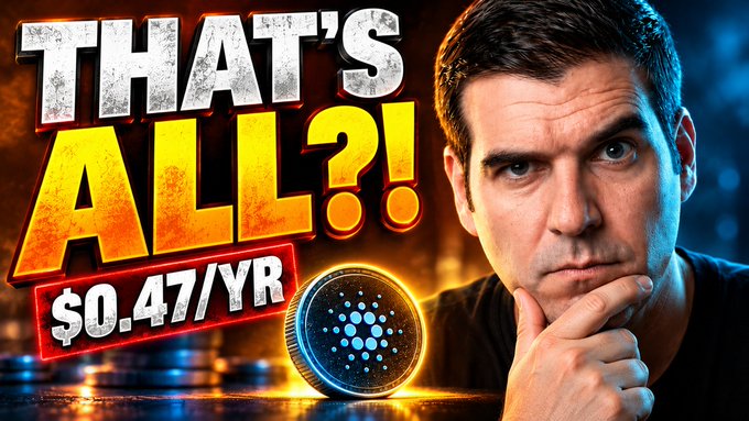 YouTube-style thumbnail with bold text reading 'THAT'S ALL?!' and '$0.47/YR' next to an ADA (Cardano) cryptocurrency coin, featuring a man with a serious, contemplative expression resting his chin on his hand.