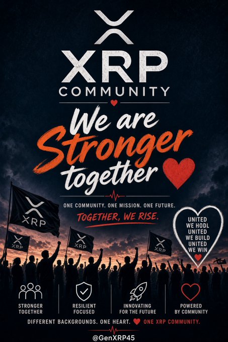 A promotional graphic for the XRP community featuring the tagline "We are Stronger together" alongside silhouettes of people holding XRP flags, with supporting text including "One Community. One Mission. One Future," "Together, We Rise," and the handle "@GenXRP45." The image visually reinforces the post's message of gratitude and unity among XRP holders through its rally-style crowd imagery and motivational slogans.
