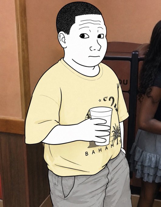 A cartoon-style "wojak" character with a neutral, blank expression holds a cup while wearing a yellow "BAHAMAS" t-shirt, perfectly capturing the meme's signature deadpan look referenced in the post about owning the iconic $WOJAK meme.