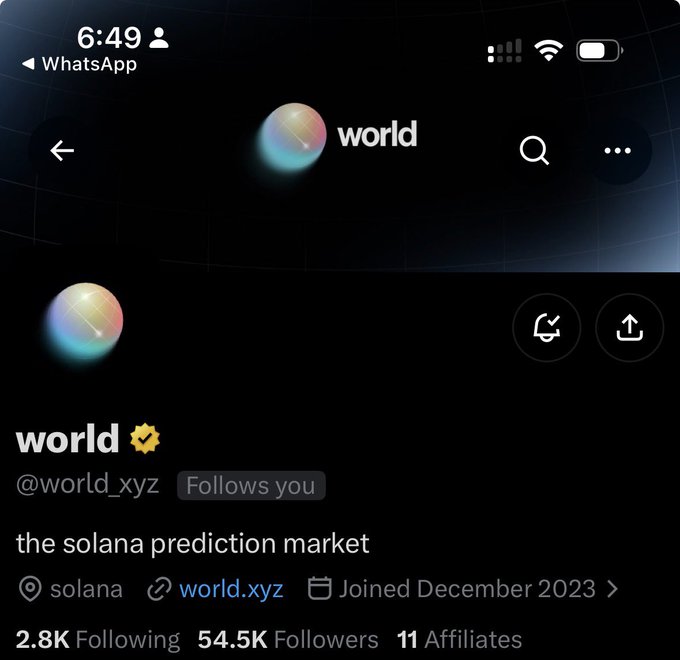The image shows a Twitter/X profile page for "world" (@world_xyz), a verified account with 54.5K followers describing itself as "the solana prediction market," which aligns with the post's excitement about being followed by the account and hinting at a major upcoming announcement.