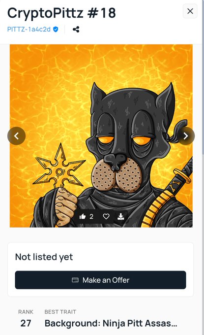 An NFT listing for 'CryptoPittz #18' (PITTZ-1a4c2d) showing a cartoon dog dressed as a ninja holding a shuriken and sword, with a rank of 27 and best trait 'Background: Ninja Pitt Assas...' and a 'Not listed yet - Make an Offer' button.