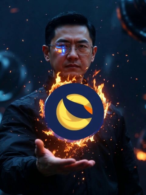 The image features a man wearing glasses, holding a fire-like object that appears to be a coin or a small piece of paper with an "L" logo on it. The background of the image is dark blue, which contrasts with the bright orange flames coming out from the center of the image. The post also mentions that this coin has been burning for two days and will be available in 2 days.