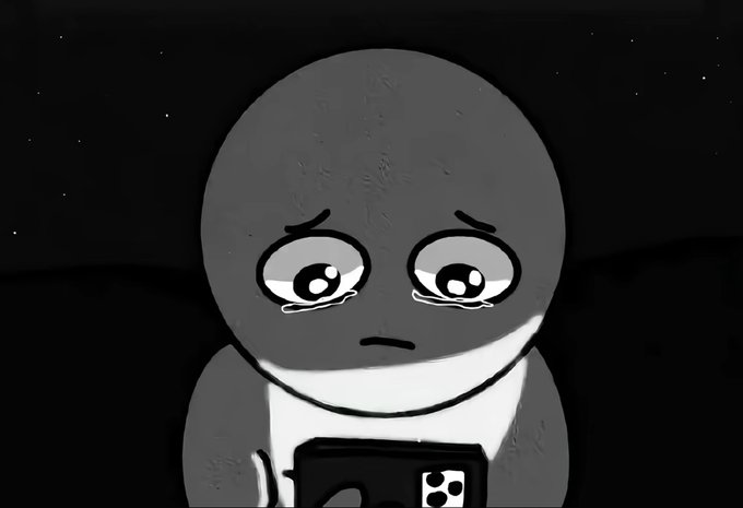 A grayscale cartoon figure with large teary eyes and a downturned mouth holds a phone, against a dark starry background, mirroring the melancholy and resignation expressed in the diary entry about giving up on waiting for "bsc" to change.