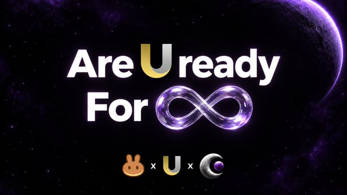 A cosmic-themed promotional graphic reading "Are U ready For ∞" against a starry purple space backdrop with a moon, featuring the $U token logo alongside bunny and crescent moon icons, symbolizing the infinite expansion of U-token trading pairs on PancakeSwap Infinity.