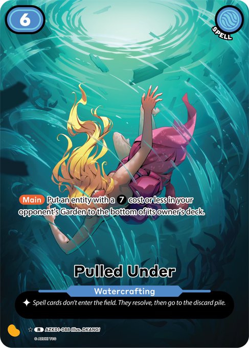 The image shows a card with a mermaid character swimming underwater, surrounded by watercraft and other objects. The background of the image features a blue sky with white clouds. The text on the card reads "Pulled Under Watercraft", which is related to the game's mechanics or gameplay.