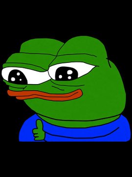 A digital illustration of Pepe the Frog with large sad, sparkly eyes giving a thumbs up gesture.