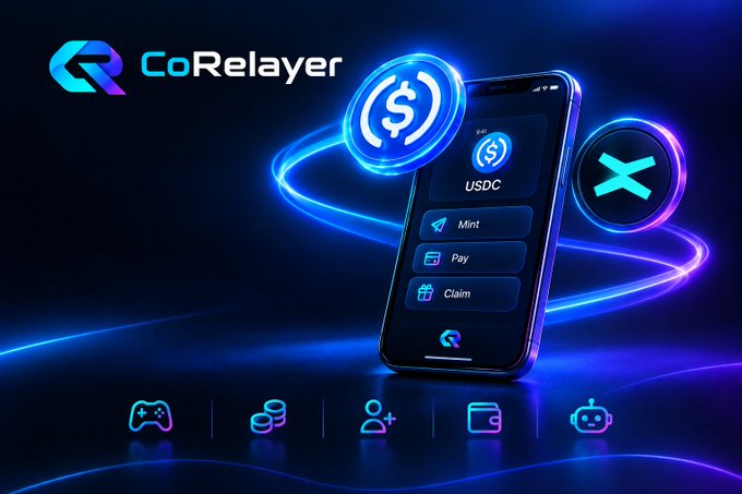 A promotional graphic for 'CoRelayer' featuring a smartphone displaying USDC options (Mint, Pay, Claim), surrounded by glowing blue neon rings and cryptocurrency-themed icons.