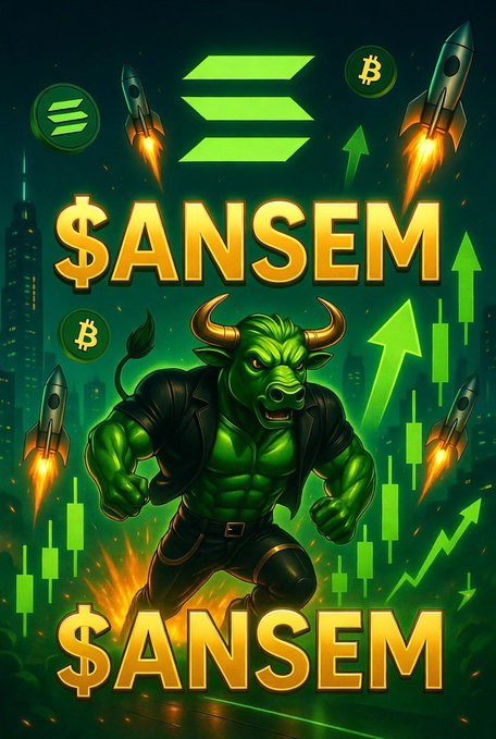A muscular green bull in a black suit charges forward against a dark backdrop featuring rising green candlestick charts, Bitcoin symbols, and rocket ships, with "$ANSEM" displayed prominently in bold gold lettering at the top and bottom. The image visually embodies the post's message of bullish conviction and long-term community growth, using the charging bull and upward market indicators to reinforce enthusiasm for the $ANSEM token.
