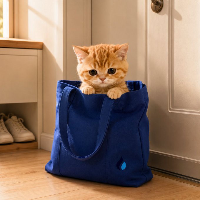 An adorable orange tabby kitten peeks out from a navy blue tote bag in a sunny entryway, perfectly fitting the "GMeow" Monday Channel theme with its playful feline charm and welcoming Monday vibes.