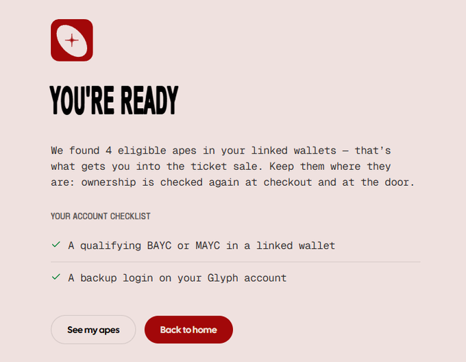 A 'YOU'RE READY' confirmation screen noting 'We found 4 eligible apes in your linked wallets' with checklist items for BAYC/MAYC and Glyph backup login.