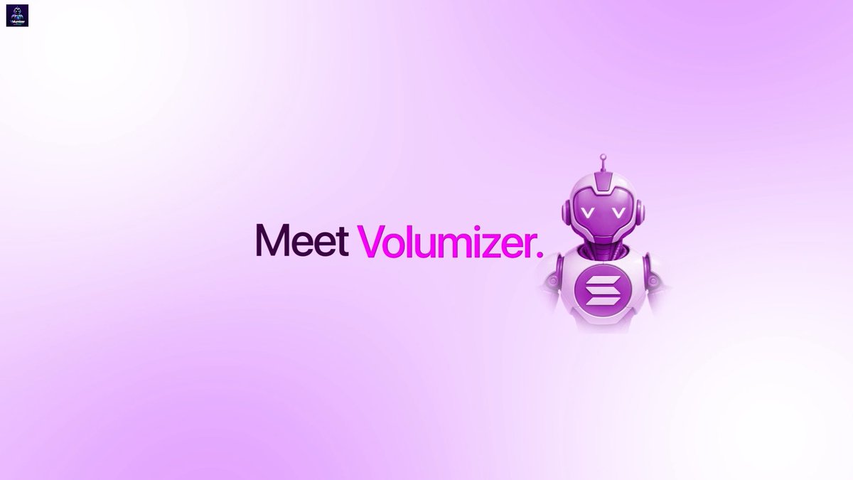 A promotional graphic with light purple gradient background showing a purple robot character with the Solana logo, accompanied by text 'Meet Volumizer.'