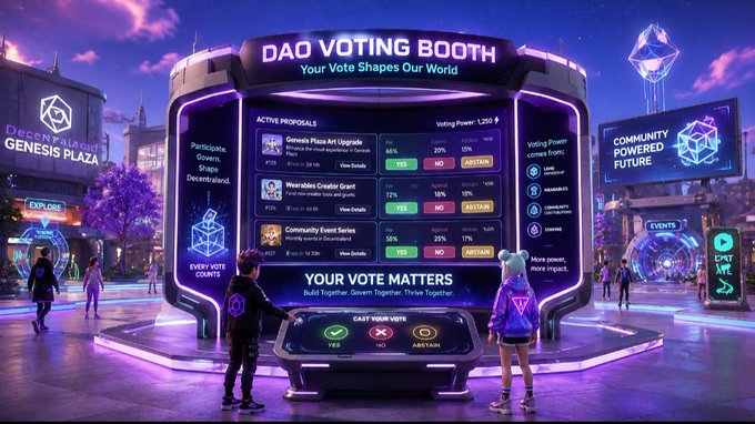 Two animated figures stand at a futuristic "DAO VOTING BOOTH" displaying active proposals like "Genesis Plaza Art Upgrade" and "Wearables Creator Grant" with YES, NO, and ABSTAIN buttons.