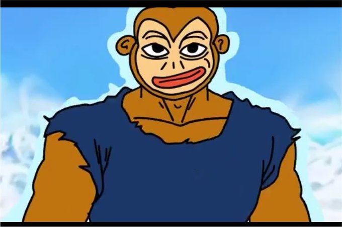 An animated illustration of a muscular brown monkey character with a wide grin wearing a torn dark blue shirt against a sky background.