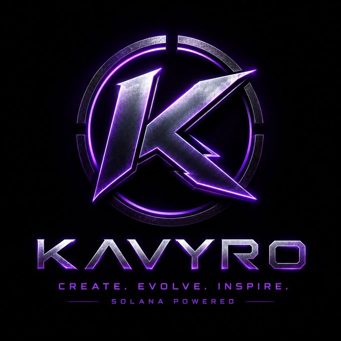 A metallic silver and purple logo with a stylized 'K' inside a circular ring, with the text 'KAVYRO', 'CREATE. EVOLVE. INSPIRE.', and 'SOLANA POWERED' below.