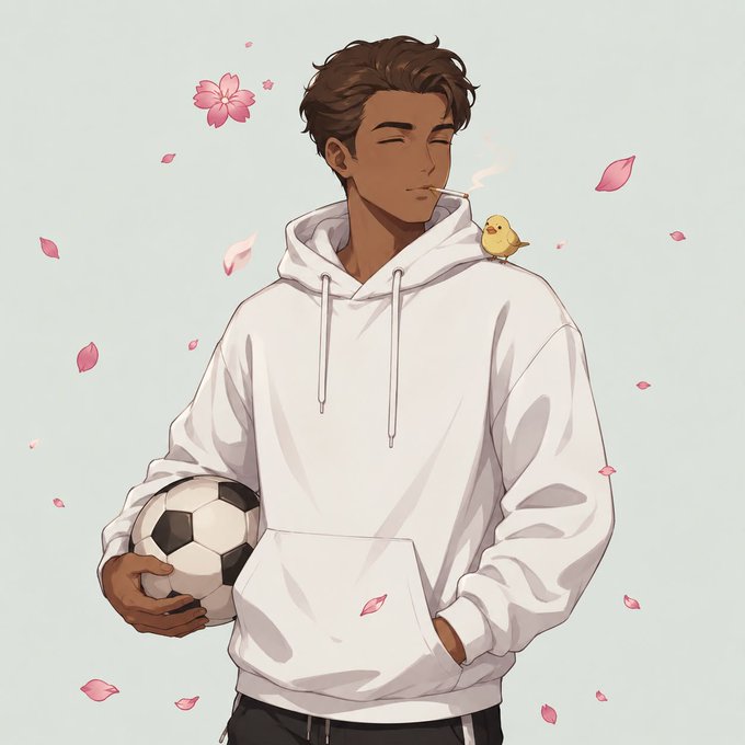 An anime-style illustration of a young man with brown skin in a white hoodie, holding a soccer ball, with a small yellow bird perched on his shoulder and pink flower petals floating around him.