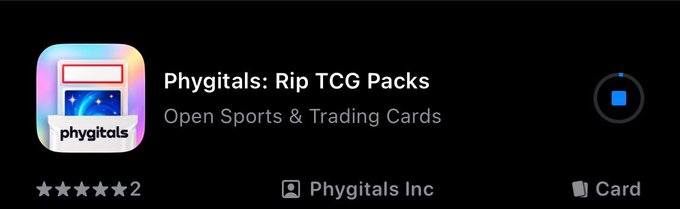 An App Store listing for "Phygitals: Rip TCG Packs" by Phygitals Inc, featuring an icon of a card pack and the subtitle "Open Sports & Trading Cards."