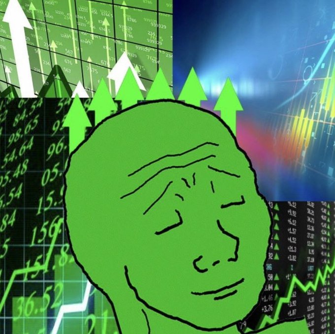 A green Wojak-style meme face looks contemplative amid a backdrop of stock charts, rising green arrows, and market data showing values such as 96.64, 84.50, 136.4, and 30.52, symbolizing optimism and a triumphant return to the markets—fitting the "we're so back" comeback vibe.