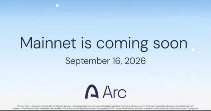 An announcement graphic from Arc stating 'Mainnet is coming soon, September 16, 2026' on a light blue background.