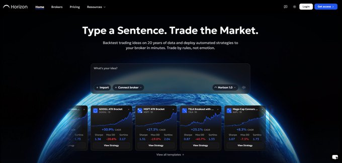 A homepage screenshot for Horizon featuring the tagline 'Type a Sentence. Trade the Market,' advertising backtest trading automation with example strategies like GOLD, NDQ, TSLA, and Mega-Cap Commodities displayed over an image of Earth.