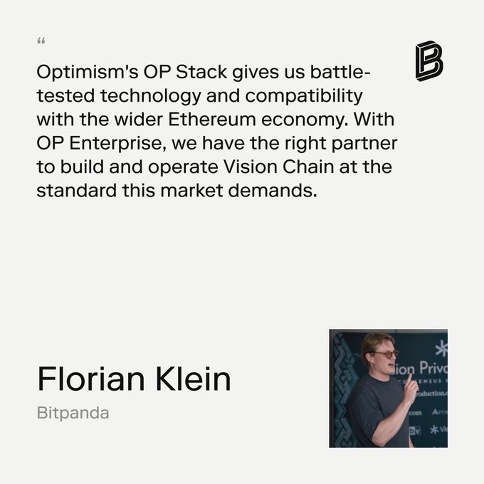 A quote from Florian Klein of Bitpanda praises Optimism's OP Stack and OP Enterprise for providing battle-tested technology and Ethereum compatibility to build and operate Vision Chain at market-demanded standards, complementing the post's message about reducing operational overhead through OP Enterprise's managed infrastructure.