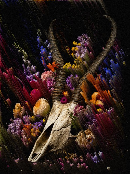 Artistic photograph of an animal skull with long curved horns surrounded by a vibrant arrangement of colorful flowers (purple, yellow, orange, pink) against a dark streaked background.