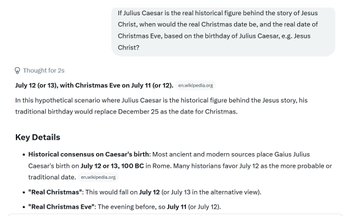 A Google search snippet about whether Julius Caesar is the real historical figure behind Jesus Christ, noting his birthday was July 12 or 13, 100 BC, with Christmas Eve on July 13 being an alternative date.

The image relates to the post by highlighting the historical theory connecting Julius Caesar's birth (July 12/13) to an alternative Christmas date, supporting the poster's cryptic clue about XRP's "moon date" falling in mid-July.