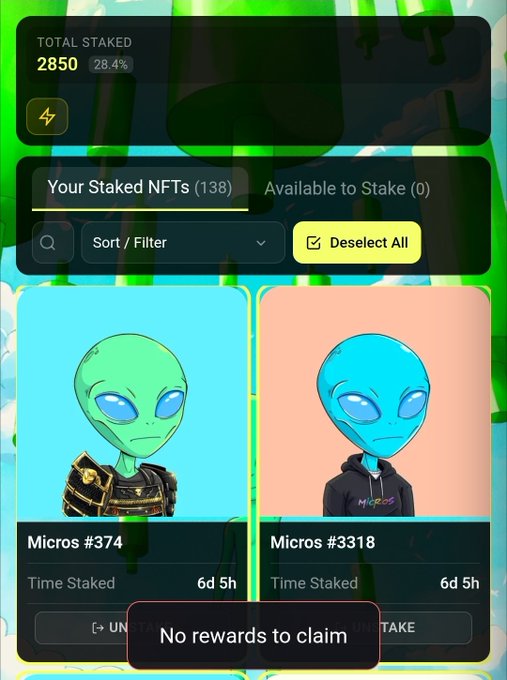 A screenshot of a cryptocurrency or NFT staking platform showing 'TOTAL STAKED 2850 28.4%' and 'Your Staked NFTs (138)' with two alien-themed NFT cards labeled 'Micros #374' and 'Micros #3318', each showing a stake time of '6d 5h' and a message 'No rewards to claim'.