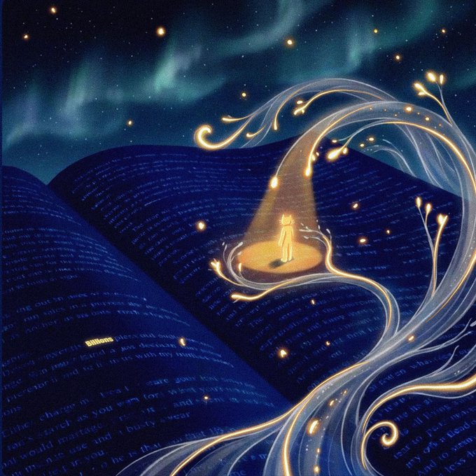 An illustrated fantasy scene showing a small figure standing in a spotlight on a large open book with flowing, glowing pages and a starry night sky.