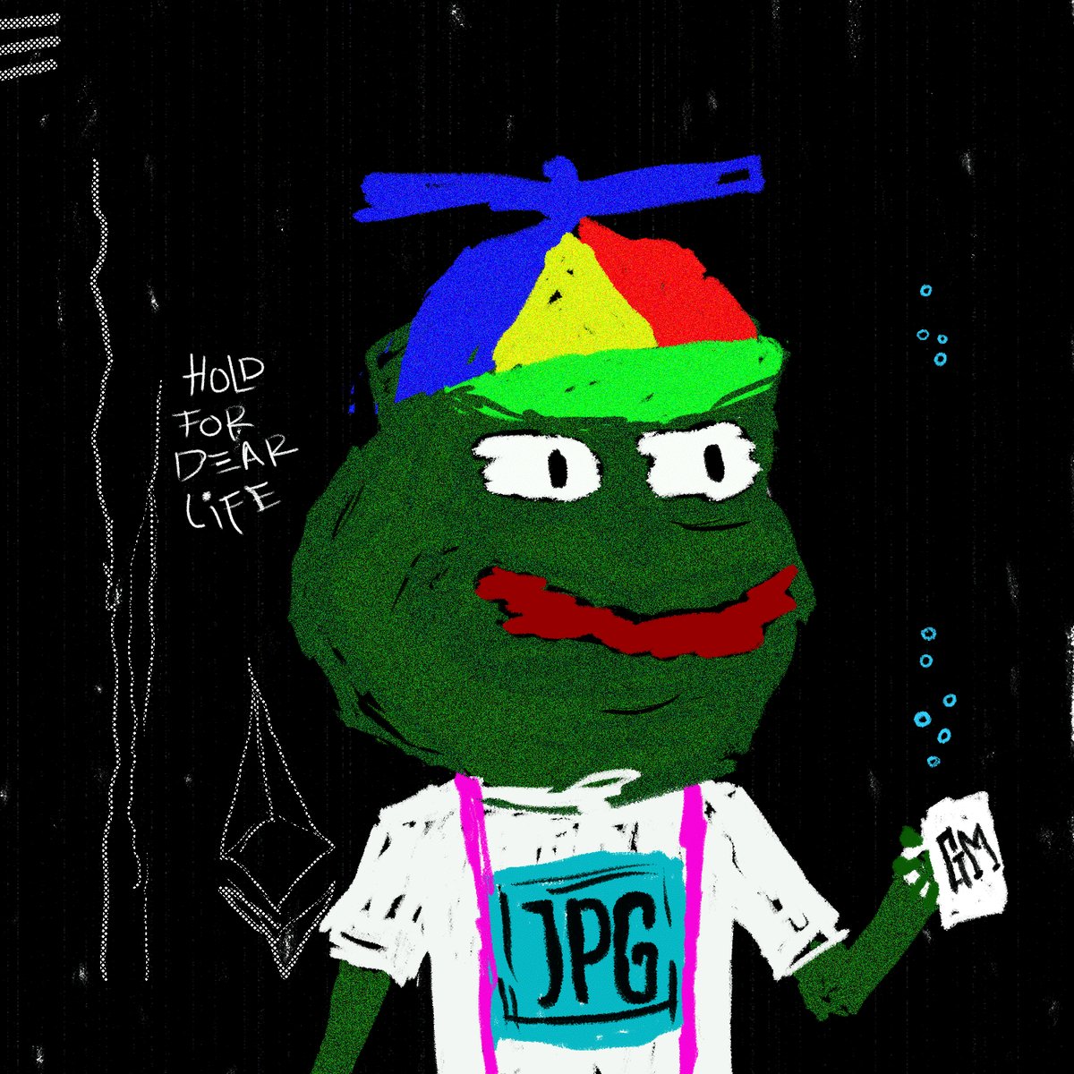 The image features a cartoon frog wearing a colorful hat, holding a camera with its left hand while using a cell phone with its right hand. The background of the image is black, which contrasts with the vibrant colors of the frog's outfit. Below this image, there is text that reads "hold for dear life".