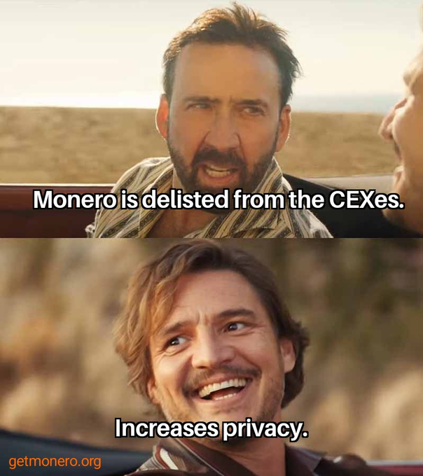 A two-panel meme features Nicolas Cage and Will Forte in a desert scene, with the top panel captioned "Monero is delisted from the CExes." and the bottom panel showing a smiling Forte captioned "Increases privacy.", along with the URL getmonero.org. The meme humorously illustrates the post's message that regulatory crackdowns and exchange delistings of XMR have only strengthened its privacy-focused, decentralized nature, reinforcing its underdog comeback narrative.