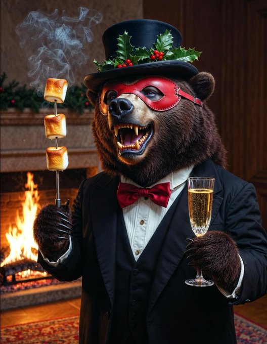 An AI-generated image of an anthropomorphic brown bear dressed as a butler in a top hat with holly, holding a champagne glass in one paw and a skewer of toasted marshmallows in the other, standing before a fireplace.
