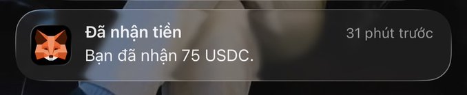 A MetaMask notification confirms receipt of 75 USDC in the wallet 31 minutes ago, directly supporting the post's claim of waking up to $75 from Web3.