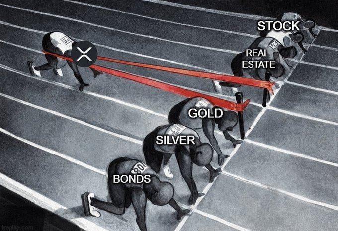 A black-and-white meme showing runners in a race, where XRP is winning while STOCK, REAL ESTATE, GOLD, SILVER, and BONDS are tied together behind it.