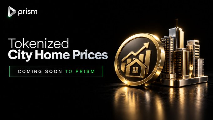 A promotional banner for Prism announcing "Tokenized City Home Prices" with the text "COMING SOON TO PRISM," featuring a gold coin graphic and a miniature city skyline.