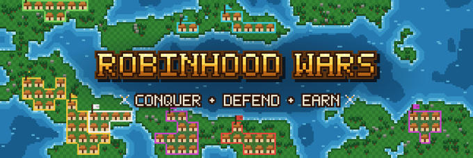A retro 8-bit style graphic for 'ROBINHOOD WARS' featuring a pixelated map with buildings, water, and greenery, with the tagline 'CONQUER + DEFEND + EARN.'