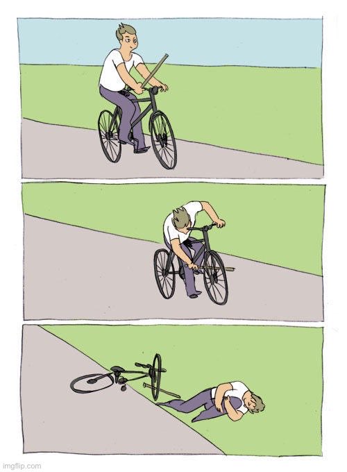 A three-panel comic showing a man riding a bicycle while stabbing himself in the front tire with a stick, eventually crashing and falling off the bike.