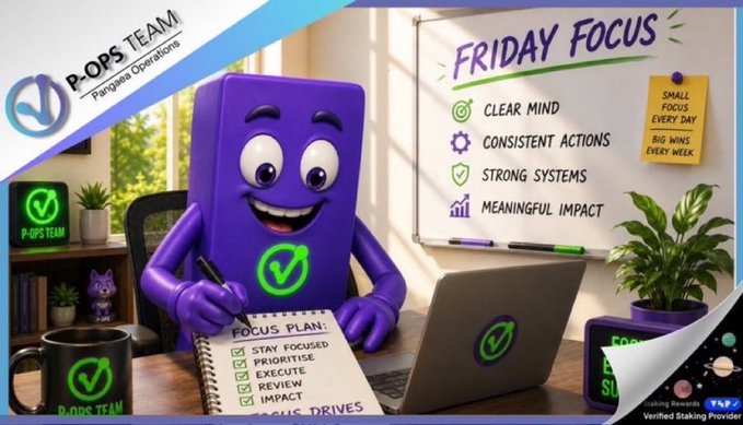 A 3D cartoon purple mascot sits at a desk with a 'FRIDAY FOCUS' whiteboard listing 'CLEAR MIND', 'CONSISTENT ACTIONS', 'STRONG SYSTEMS', 'MEANINGFUL IMPACT', and a 'P-OPS TEAM' logo with a 'FOCUS PLAN' notepad.