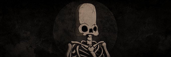 A dark, stylized illustration of a skeleton's upper body and skull positioned in front of a large, muted moon against a textured black background.