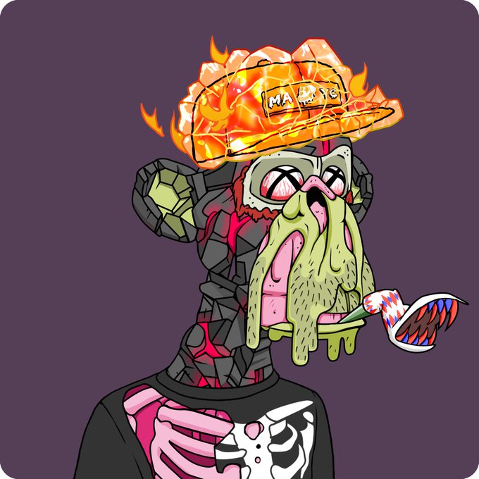 The image features a cartoon monkey wearing a hat, holding a pipe with a flame coming out of it. The monkey appears to be dressed in a black shirt and has a skeleton-like appearance. The background color is purple, which contrasts with the bright orange flames coming from the monkey's hat. There are also some text elements present in the image, such as "I only follow !" and "@BoredApeYC @ApeChainHUB #bayc #mayc #boredapeyatchclub #otherside". The main focus of the image is on the monkey with a flame-emitting hat.