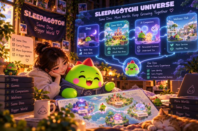 Promotional graphic for "SLEEPAGOTCHI UNIVERSE" featuring a young woman hugging a green dinosaur plushie, surrounded by app features like Sleep, Game World, AI Companions, and Wellness Hub.