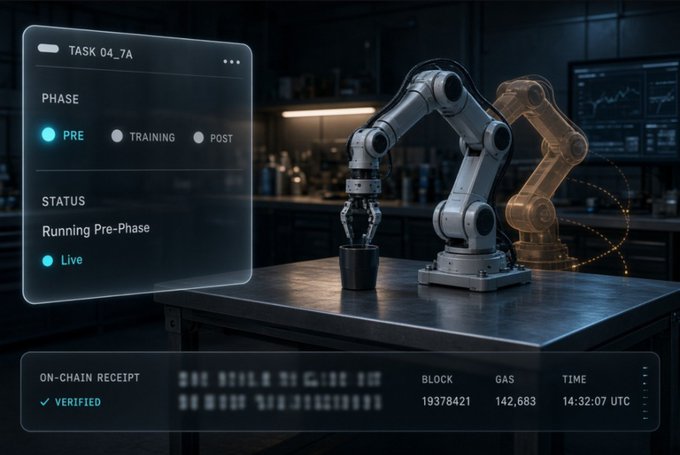 A futuristic interface showing a robotic arm in a lab setting with a 'Task 04_7A' panel indicating a Pre-Phase status as 'Live', along with an on-chain receipt showing verified transaction details.