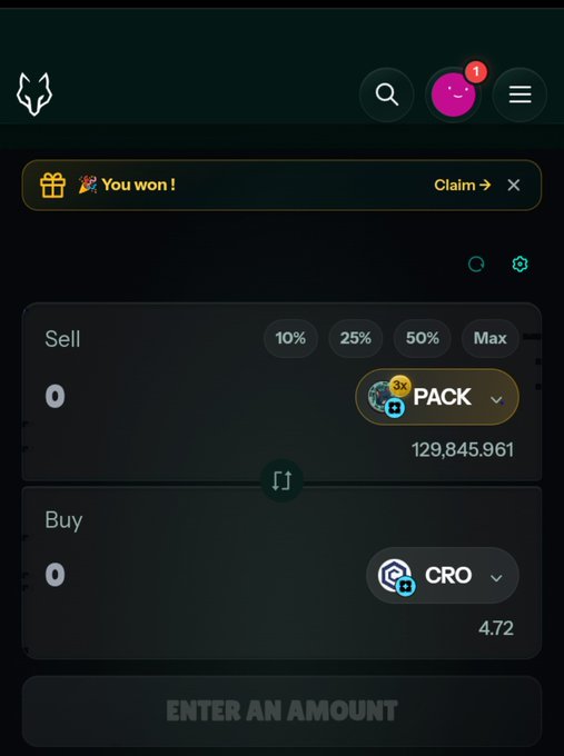 A mobile screenshot of the WolfSwap DEX aggregator interface displays a swap interface where users can exchange PACK (available balance: 129,845.961) for CRO at a rate of 4.72, with a celebratory "🎉 You won!" notification banner at the top—visually confirming the post's claim about receiving mystery box rewards for completing swaps on the platform.